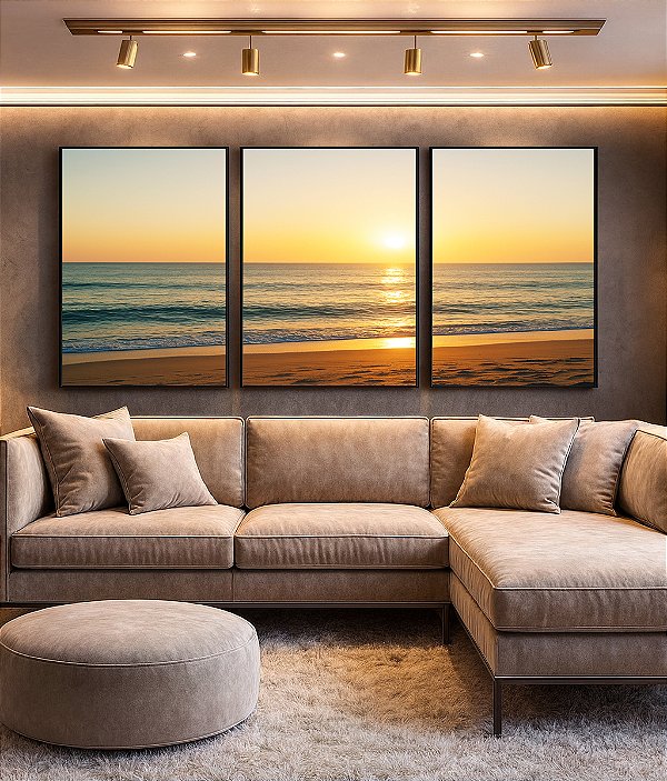 Trio de Quadros Nascer do Sol Mar Prateado Praia Canvas Moldura