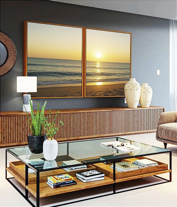 Duo de Quadros Nascer do Sol Mar Prateado Praia Natureza Canvas Moldura