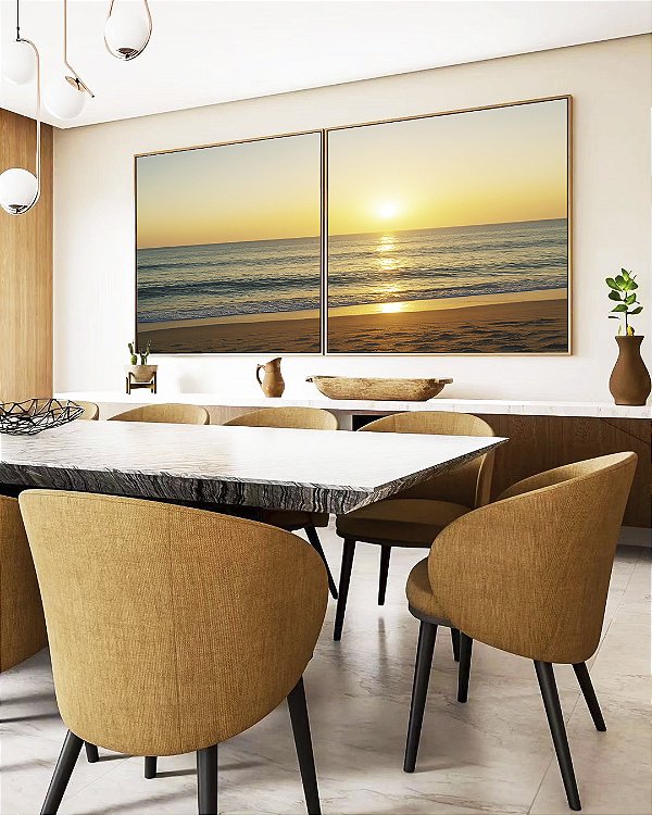 Duo de Quadros Quadrados Nascer do Sol Mar Prateado Praia Natureza Canvas Moldura