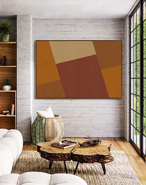Quadro Horizontal Abstrato Geométrico Marrom Telha Laranja Canvas Moldura
