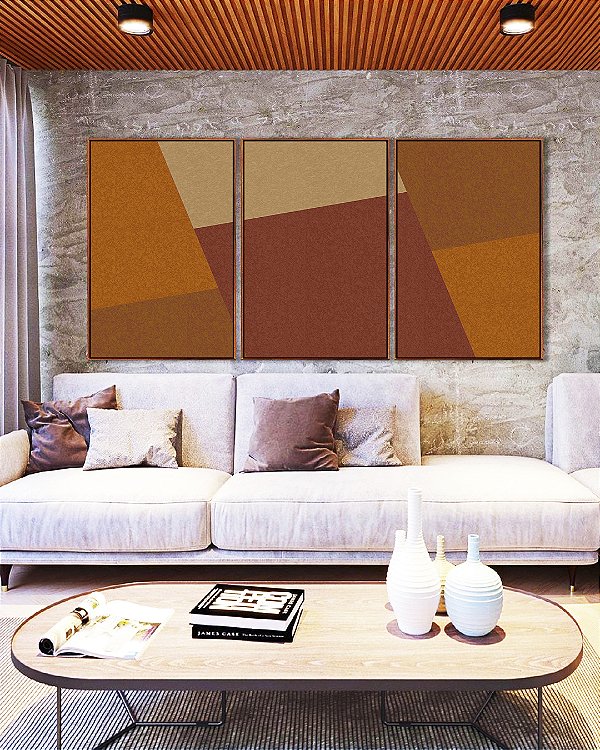 Trio de Quadros Abstrato Geométrico Marrom Telha Canvas Moldura