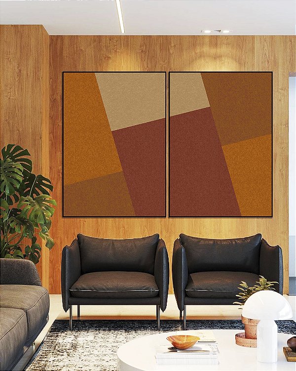 Duo de Quadros Abstrato Geométrico Marrom Telha Canvas Moldura
