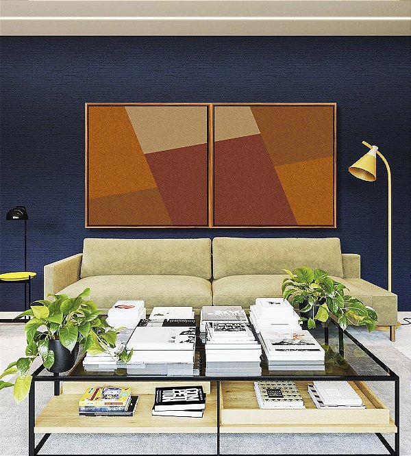 Duo de Quadros Quadrados Abstrato Geométrico Marrom Telha Canvas Moldura