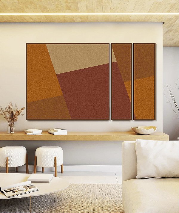 Trio de Quadros Estilizados Abstrato Geométrico Marrom Telha Canvas Moldura