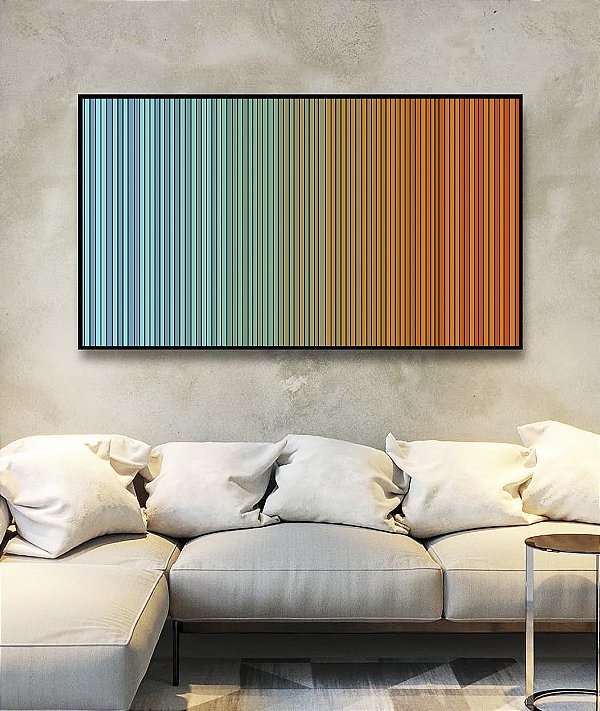 Quadro Horizontal Abstrato Degradê Listras Azul Turquesa Laranja Canvas Moldura