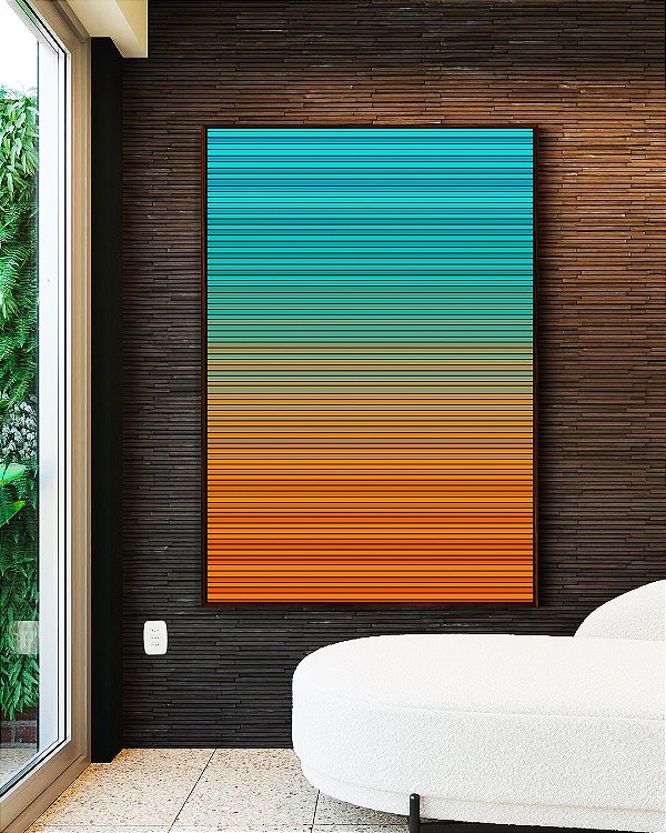 Quadro Vertical Abstrato Degradê Listras Azul Turquesa Laranja Canvas Moldura