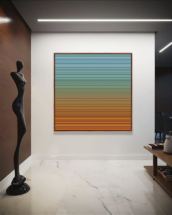 Quadro Quadrado Abstrato Degradê Listras Azul Turquesa Laranja Canvas Moldura