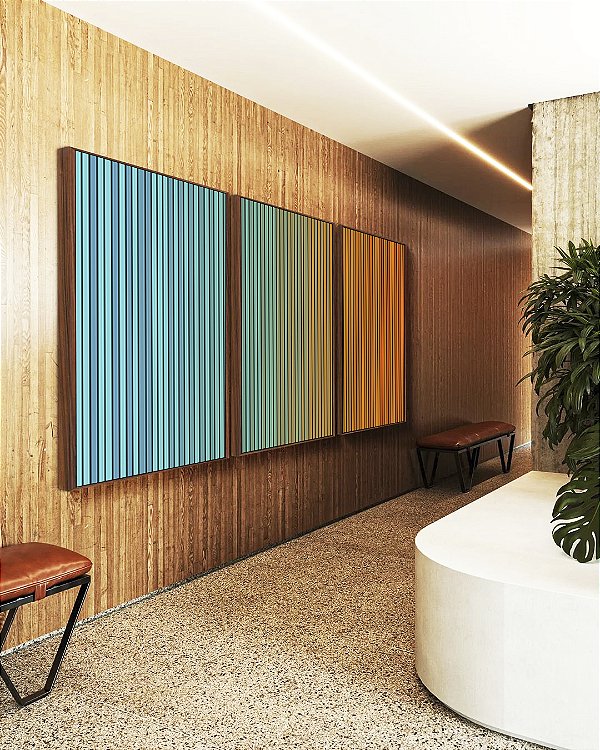 Trio de Quadros Abstrato Degradê Listras Azul Turquesa Laranja Canvas Moldura