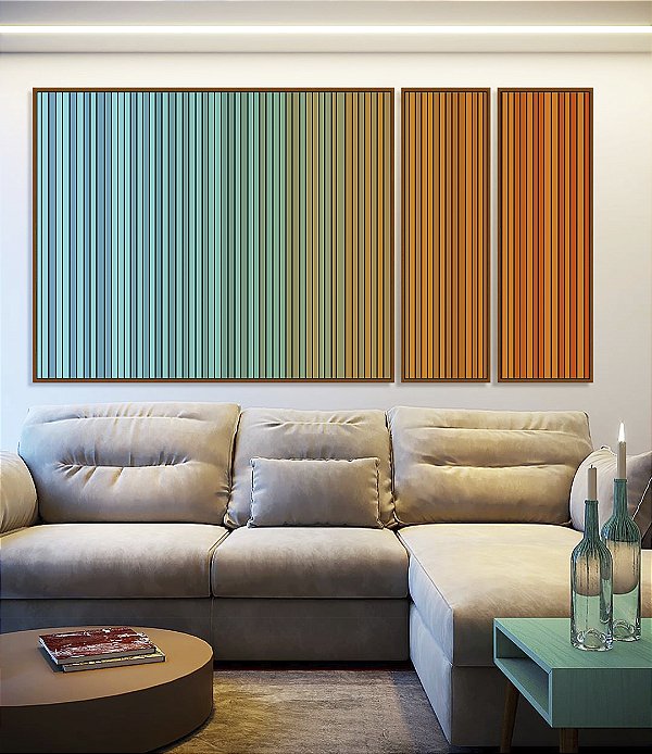 Trio de Quadros Estilizados Abstrato Degradê Listras Azul Turquesa Laranja Canvas Moldura