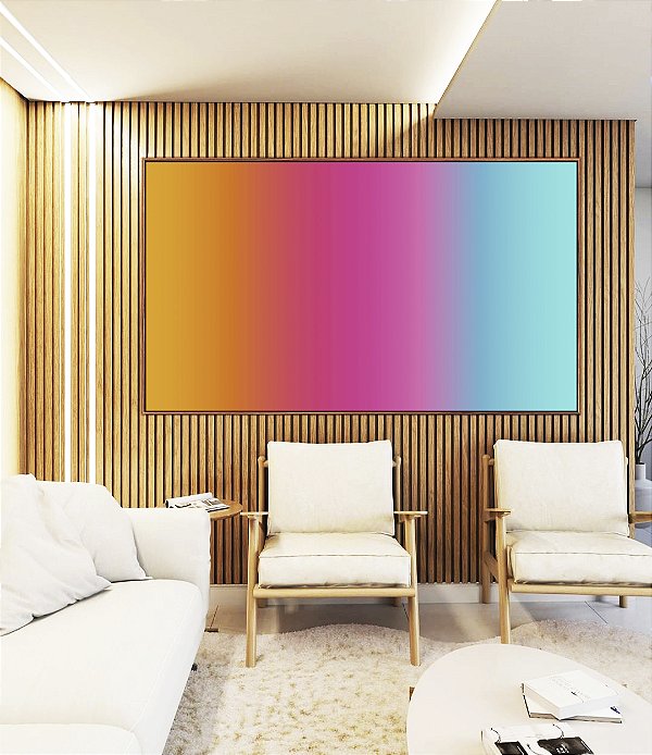 Quadro Horizontal Abstrato Degradê Amarelo Rosa Azul Turquesa Canvas Moldura