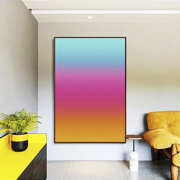 Quadro Vertical Abstrato Degradê Amarelo Rosa Azul Turquesa Canvas Moldura