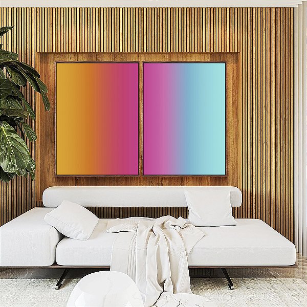 Duo de Quadros Abstrato Degradê Amarelo Rosa Azul Turquesa Canvas Moldura