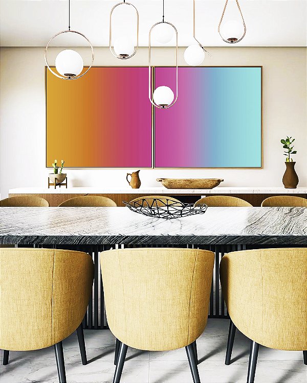 Duo de Quadros Quadrados Abstrato Degradê Amarelo Rosa Azul Turquesa Canvas Moldura