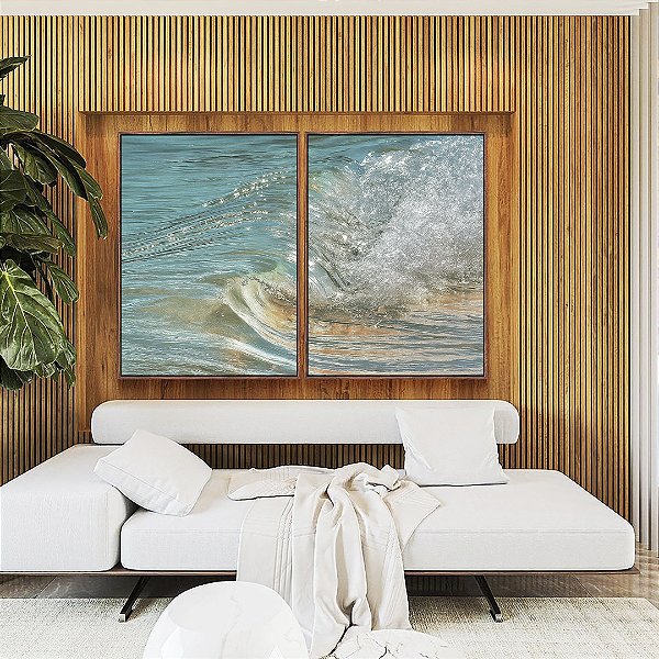 Duo de Quadros Onda em Mar Azul Turquesa Natureza Canvas Moldura