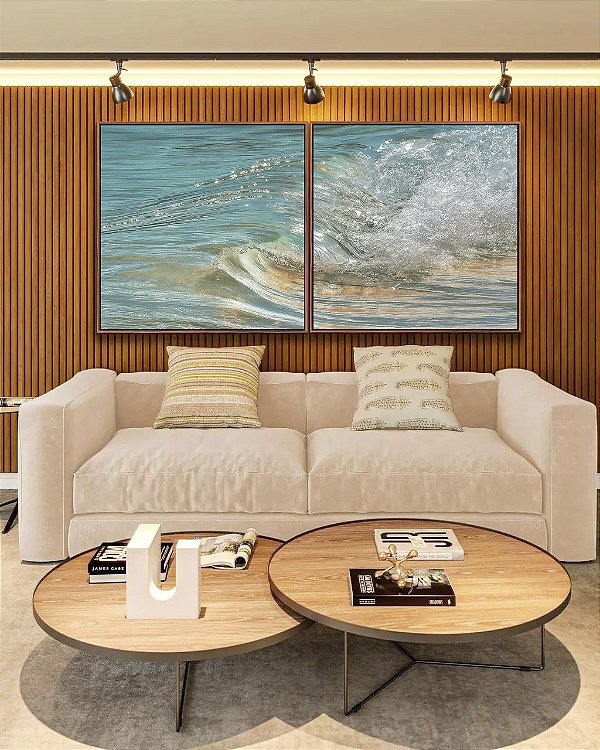 Duo de Quadros Quadrados Onda em Mar Azul Turquesa Natureza Canvas Moldura
