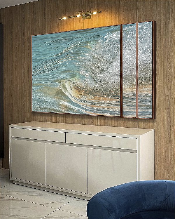 Trio de Quadros Estilizados Onda em Mar Azul Turquesa Natureza Canvas Moldura