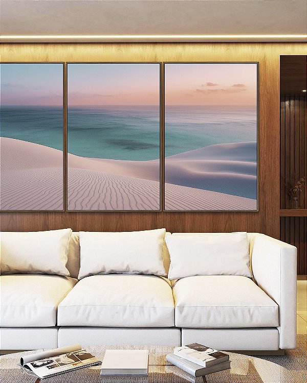 Trio de Quadros Mar Azul Turquesa Praia Dunas Areia Branca Natureza Canvas Moldura