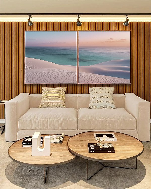 Duo de Quadros Quadrados Mar Azul Turquesa Praia Dunas Areia Branca Natureza Canvas Moldura