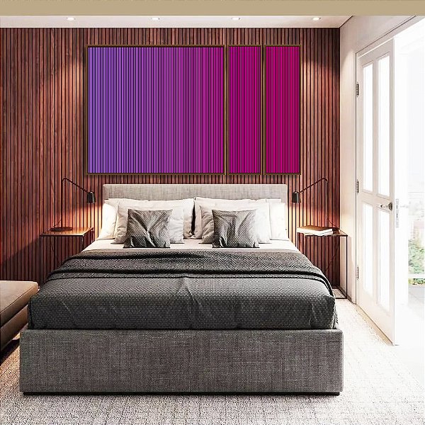 Trio de Quadros Estilizados Abstrato Degradê Listras Rosa Magenta Canvas Moldura