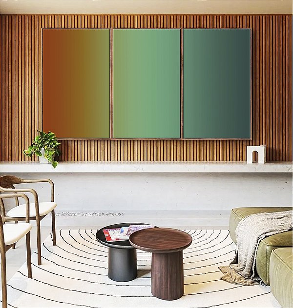 Trio de Quadros Abstrato Degradê Terracota Verde Turquesa Canvas Moldura