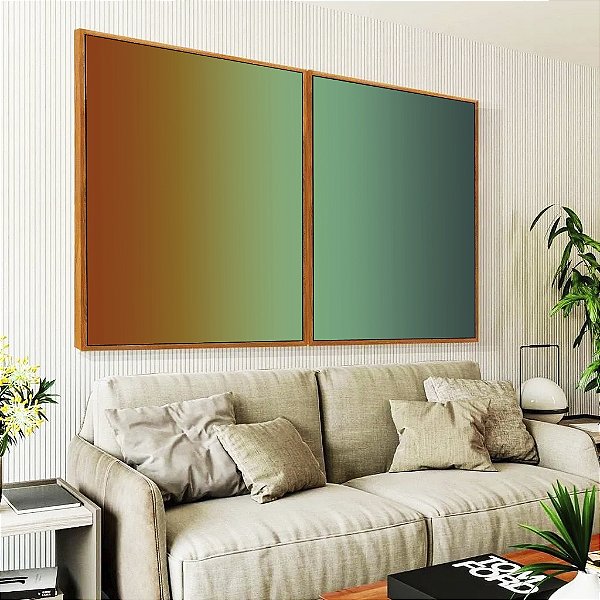 Duo de Quadros Abstrato Degradê Terracota Verde Turquesa Canvas Moldura