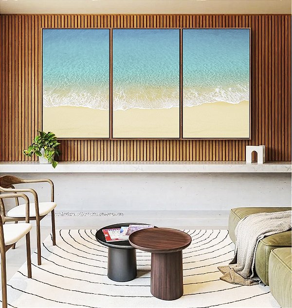 Trio de Quadros Praia de Areia Clara Mar Azul Turquesa Natureza Canvas Moldura