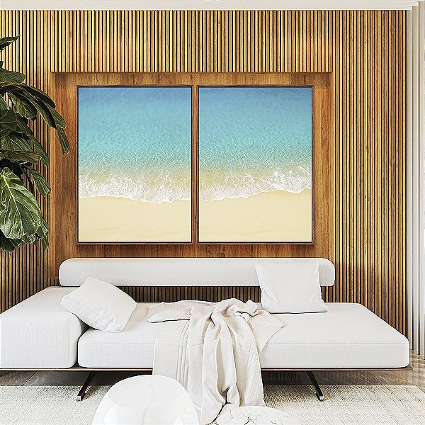 Duo de Quadros Praia de Areia Clara Mar Azul Turquesa Natureza Canvas Moldura