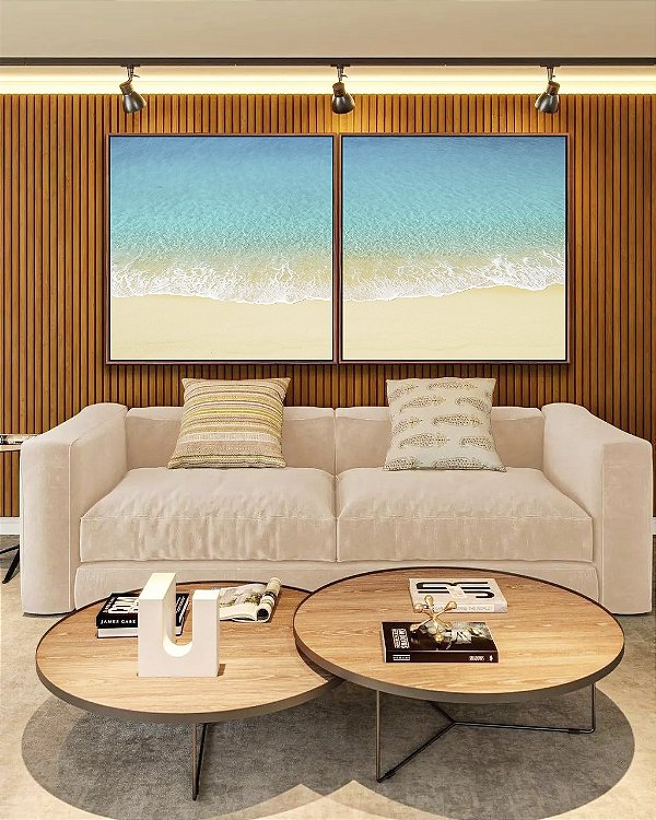 Duo de Quadros Quadrados Praia de Areia Clara Mar Azul Turquesa Natureza Canvas Moldura