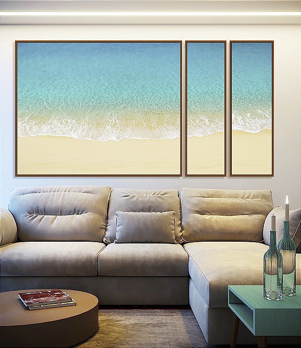 Trio de Quadros Estilizados Praia de Areia Clara Mar Azul Turquesa Natureza Canvas Moldura