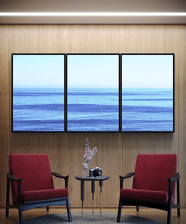 Trio de Quadros Mar Azul Céu Claro Ondulações Movimento Natureza Canvas Moldura