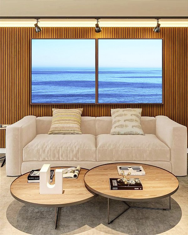 Duo de Quadros Quadrados Mar Azul Céu Claro Ondulações Movimento Natureza Canvas Moldura