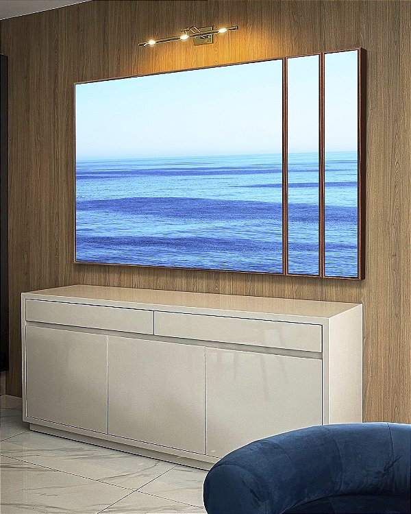 Trio de Quadros Estilizados Mar Azul Céu Claro Ondulações Movimento Natureza Canvas Moldura