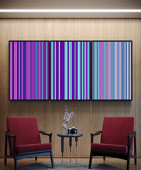 Trio de Quadros Abstrato Degradê Lilás Roxo Rosa Azul Canvas Moldura