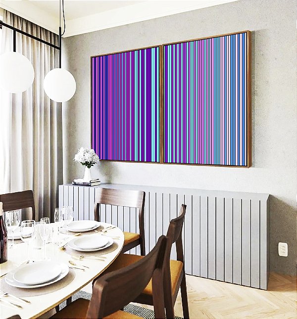 Duo de Quadros Abstrato Degradê Listras Lilás Roxo Rosa Azul Canvas Moldura