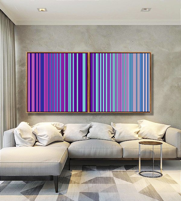 Duo de Quadros Quadrados Abstrato Degradê Listras Lilás Roxo Rosa Azul Canvas Moldura