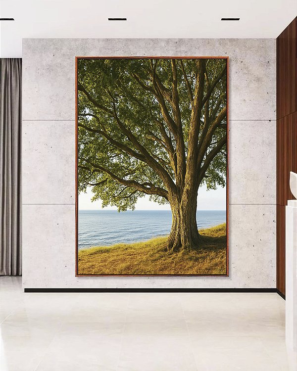 Quadro Vertical Árvore Vista Mar Calmo Paisagem Natureza Canvas Moldura