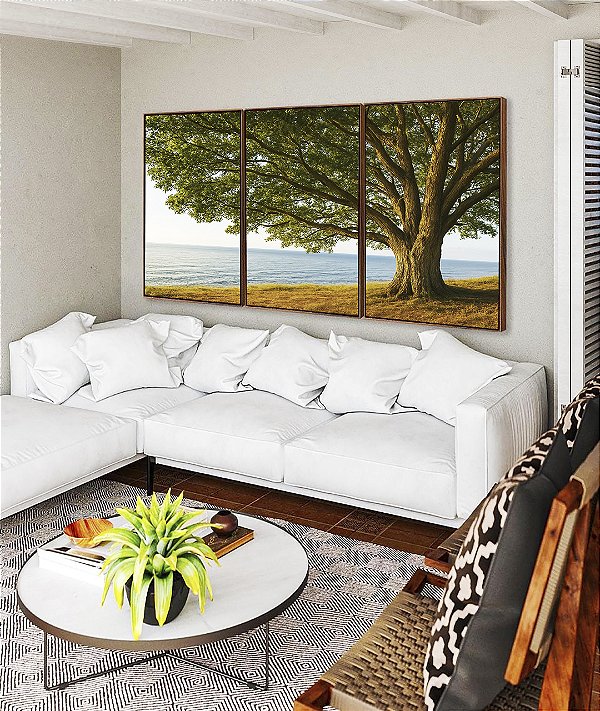 Trio de Quadros Árvore Vista Mar Calmo Paisagem Natureza Canvas Moldura