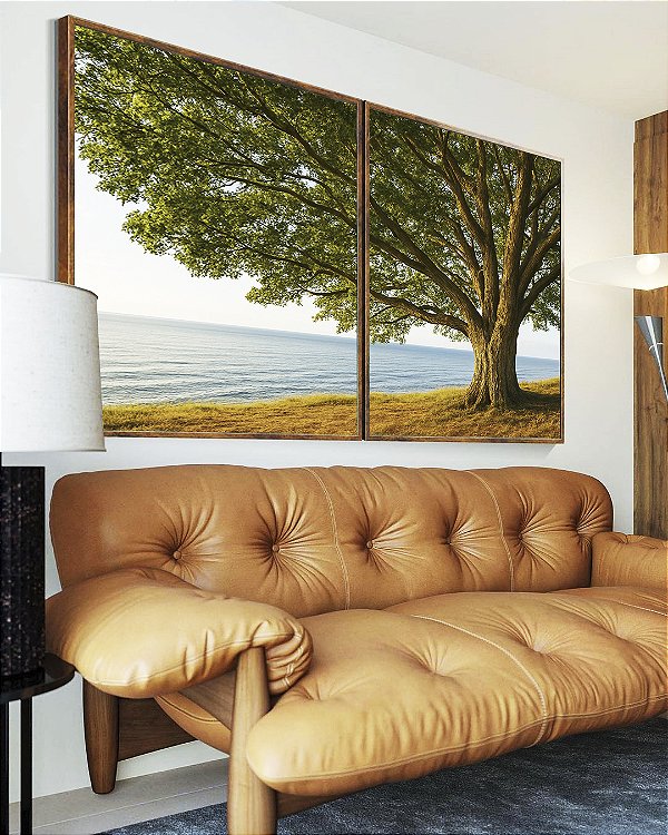 Duo de Quadros Árvore Vista Mar Calmo Paisagem Natureza Canvas Moldura