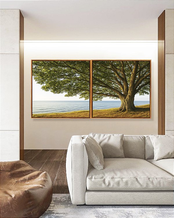 Duo de Quadros Quadrados Árvore Vista Mar Calmo Paisagem Natureza Canvas Moldura