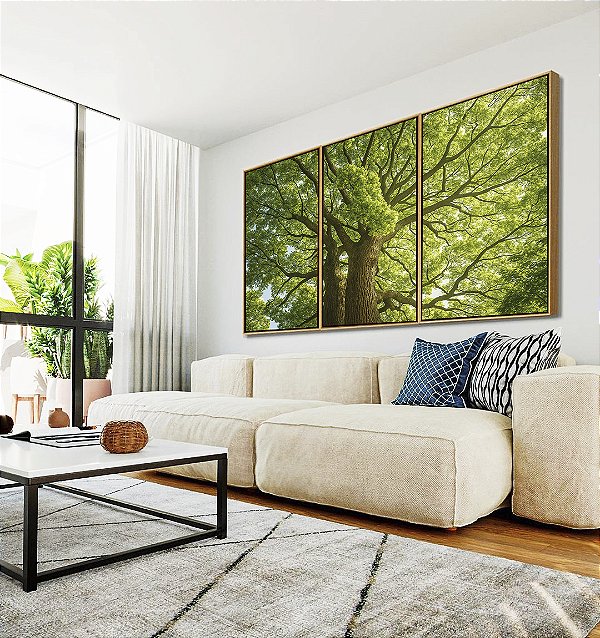 Trio de Quadros Árvores Folhas Verdes Natureza Paisagem Canvas Moldura