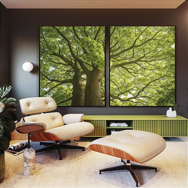 Duo de Quadros Árvores Folhas Verdes Natureza Paisagem Canvas Moldura