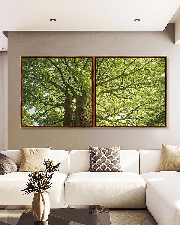 Duo de Quadros Quadrados Árvores Folhas Verdes Natureza Paisagem Canvas Moldura