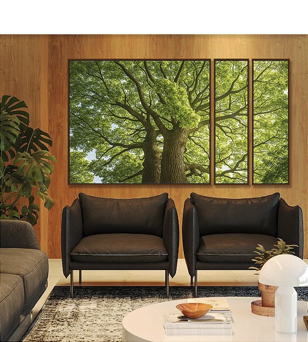 Trio de Quadros Estilizados Árvores Folhas Verdes Natureza Paisagem Canvas Moldura