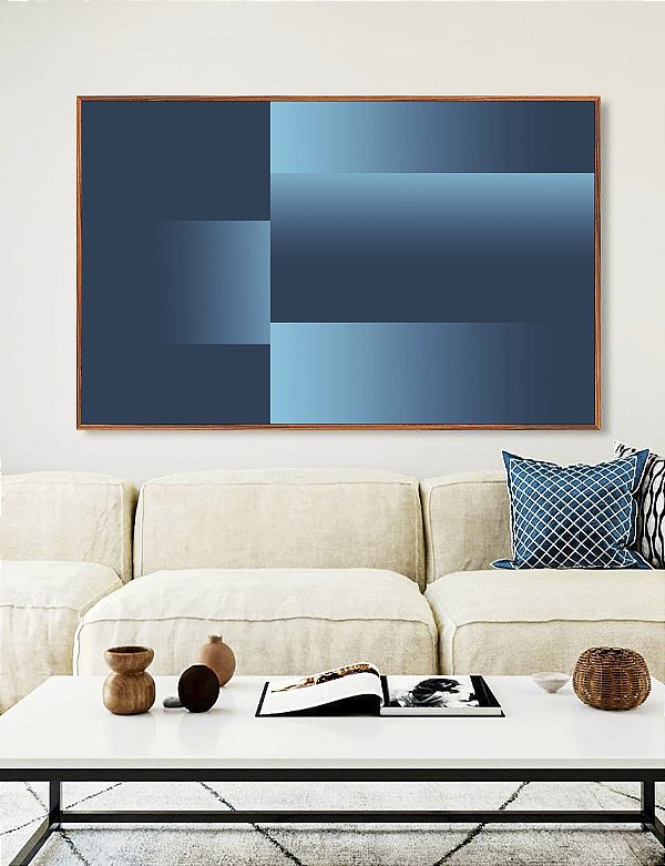 Quadro Horizontal Abstrato Geométrico Degradê Em Tons de Azul Canvas Moldura