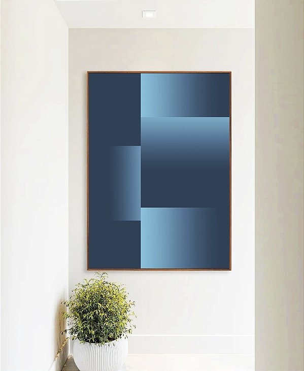 Quadro Vertical Abstrato Geométrico Degradê Em Tons de Azul Canvas Moldura
