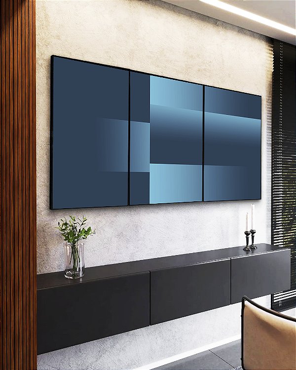 Trio de Quadros Abstrato Geométrico Degradê Em Tons de Azul Canvas Moldura