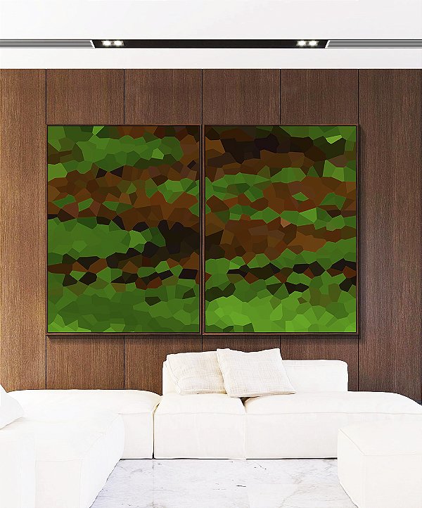 Duo de Quadros Abstrato Mosaico Verde Marrom Canvas Moldura