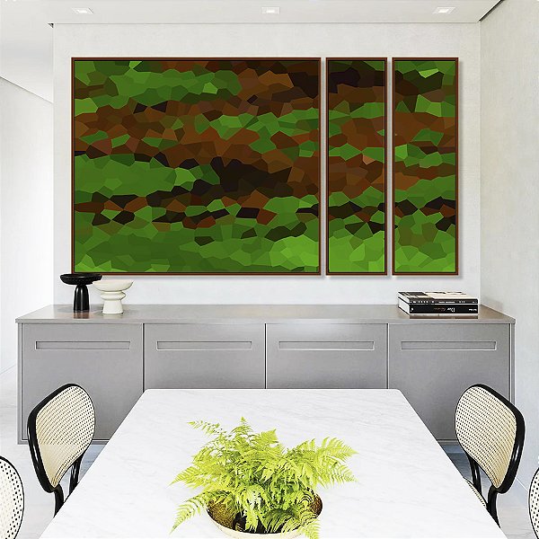 Trio de Quadros Estilizados Abstrato Mosaico Verde Marrom Canvas Moldura