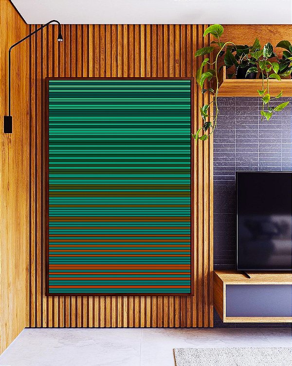 Quadro Vertical Abstrato Degradê Listras Verde Marrom Canvas Moldura