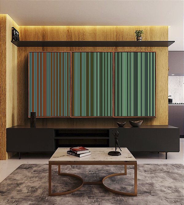 Trio de Quadros Abstrato Degradê Listras Verde Marrom Canvas Moldura